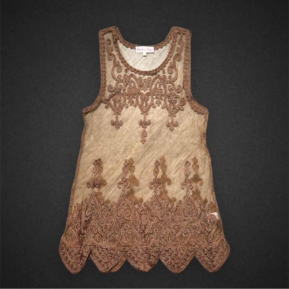 Brown Embroidered Mesh Blouse